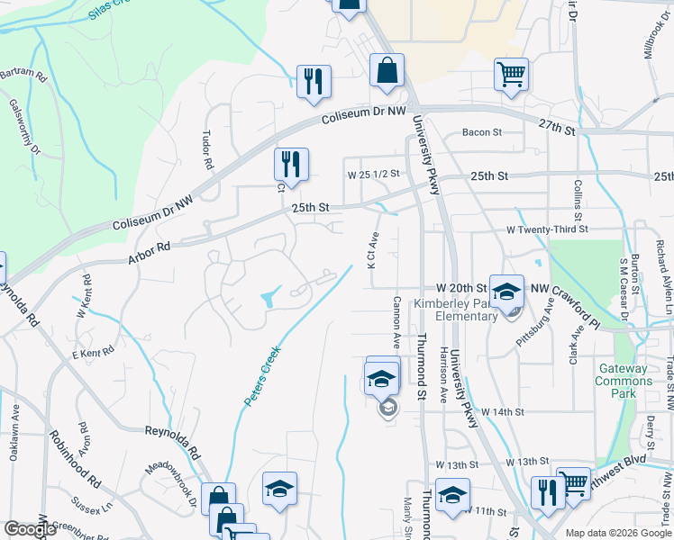 map of restaurants, bars, coffee shops, grocery stores, and more near 1240 Arbor Road in Winston-Salem