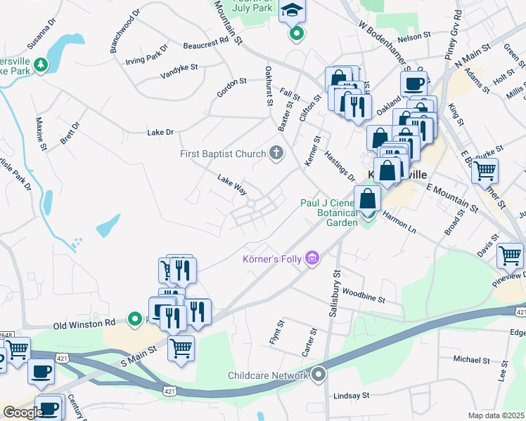 map of restaurants, bars, coffee shops, grocery stores, and more near 5202 McConnell Drive in Kernersville