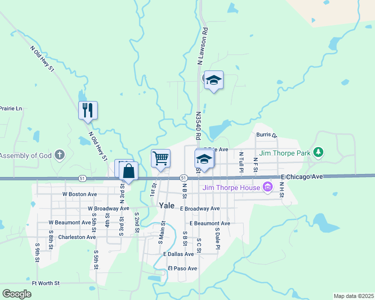 map of restaurants, bars, coffee shops, grocery stores, and more near 362 North B Street in Yale