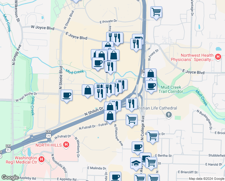 map of restaurants, bars, coffee shops, grocery stores, and more near 600 Van Asche Drive in Fayetteville