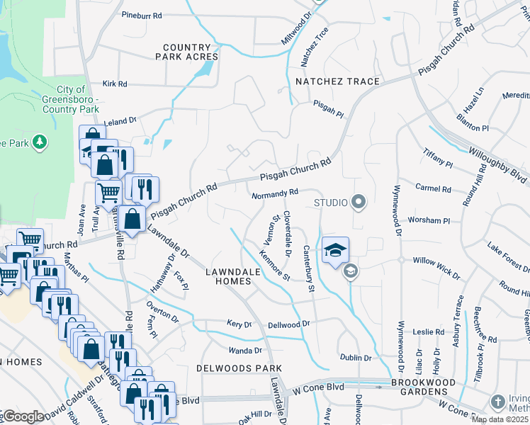 map of restaurants, bars, coffee shops, grocery stores, and more near 3604 Wilshire Drive in Greensboro