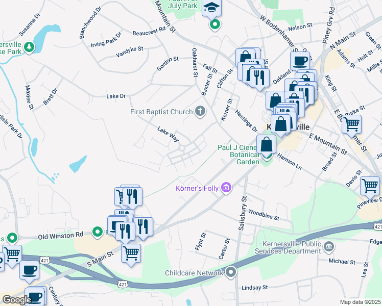 map of restaurants, bars, coffee shops, grocery stores, and more near 5202 McConnell Drive in Kernersville