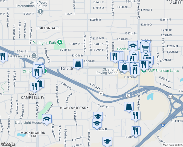 map of restaurants, bars, coffee shops, grocery stores, and more near 5717 East 32nd Street in Tulsa