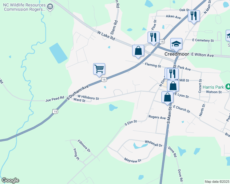 map of restaurants, bars, coffee shops, grocery stores, and more near 900 Driftwood Circle in Creedmoor