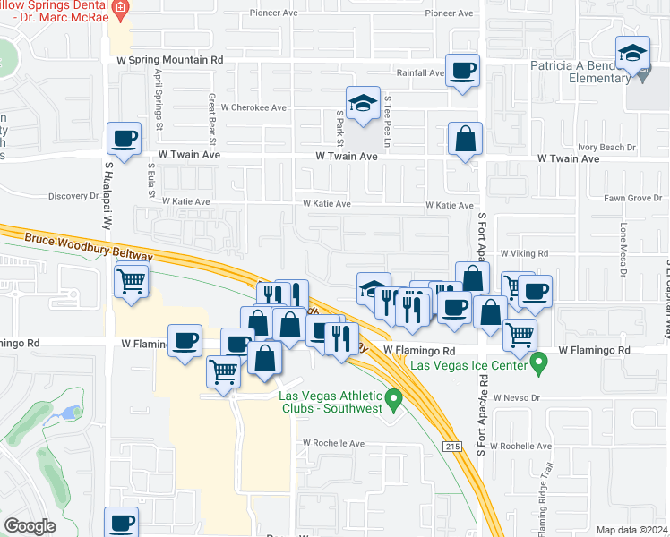 map of restaurants, bars, coffee shops, grocery stores, and more near 3960 Camelot Cove Street in Las Vegas