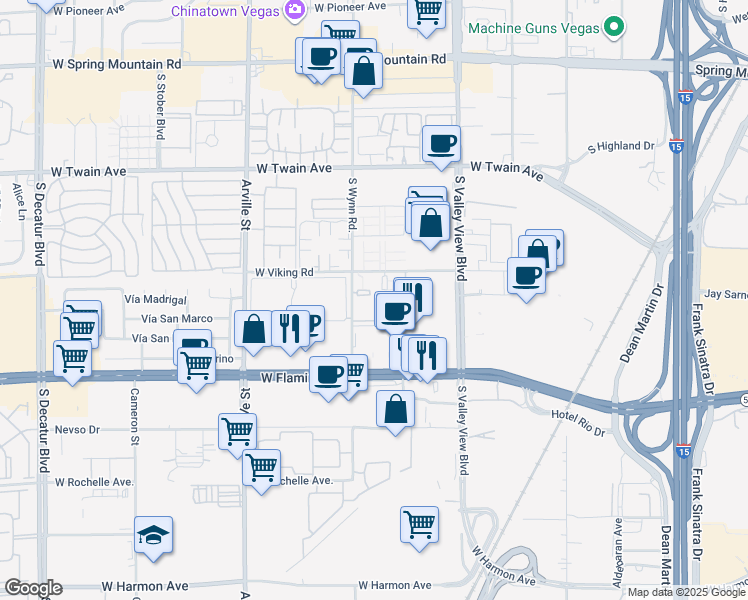 map of restaurants, bars, coffee shops, grocery stores, and more near 1 West Viking Road in Las Vegas