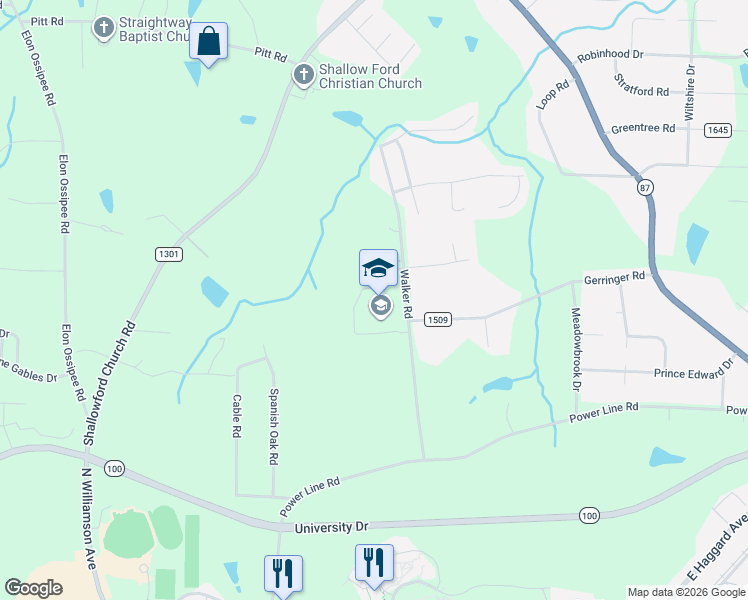 map of restaurants, bars, coffee shops, grocery stores, and more near 752 Walker Road in Elon