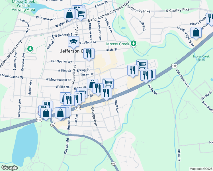 map of restaurants, bars, coffee shops, grocery stores, and more near 506 East Ellis Street in Jefferson City