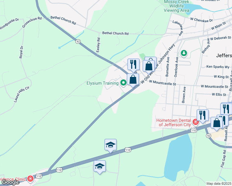 map of restaurants, bars, coffee shops, grocery stores, and more near 336 West Old Andrew Johnson Highway in Jefferson City