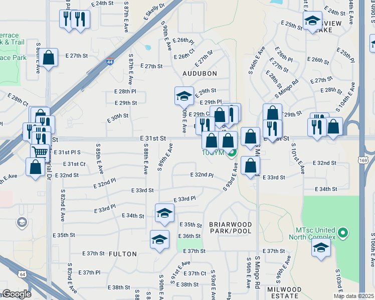 map of restaurants, bars, coffee shops, grocery stores, and more near 9026 East 31st Street in Tulsa
