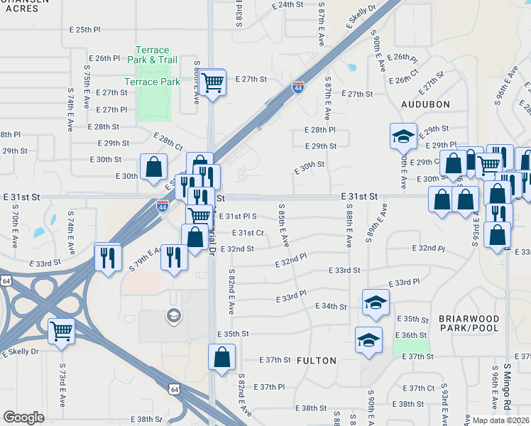 map of restaurants, bars, coffee shops, grocery stores, and more near 8180 East 31st Street in Tulsa