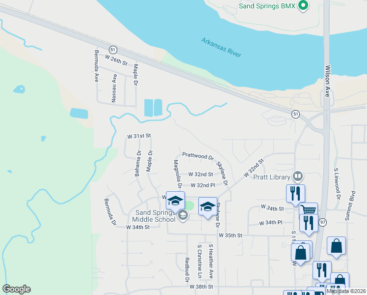 map of restaurants, bars, coffee shops, grocery stores, and more near 3101 Magnolia Court in Sand Springs