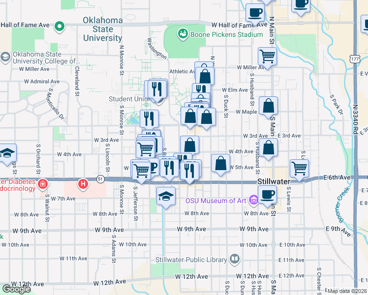 map of restaurants, bars, coffee shops, grocery stores, and more near 315 South Hester Street in Stillwater