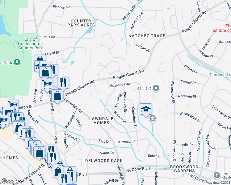 map of restaurants, bars, coffee shops, grocery stores, and more near 3604 Wilshire Drive in Greensboro