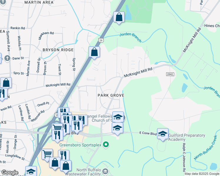 map of restaurants, bars, coffee shops, grocery stores, and more near 1906 Blair Khazan Drive in Greensboro