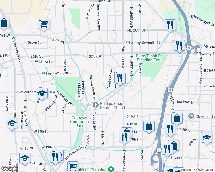 map of restaurants, bars, coffee shops, grocery stores, and more near 2304 Montrose Avenue in Winston-Salem