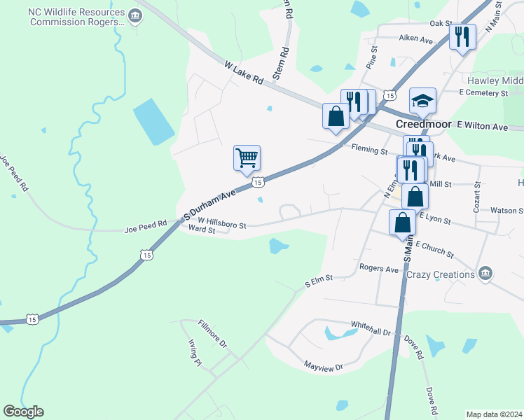 map of restaurants, bars, coffee shops, grocery stores, and more near 410 West Hillsboro Street in Creedmoor