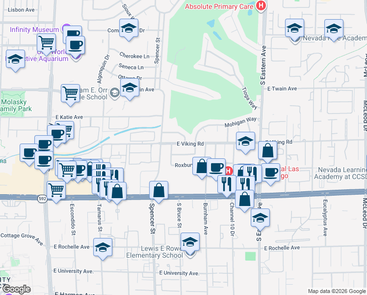 map of restaurants, bars, coffee shops, grocery stores, and more near 1908 East Viking Road in Las Vegas