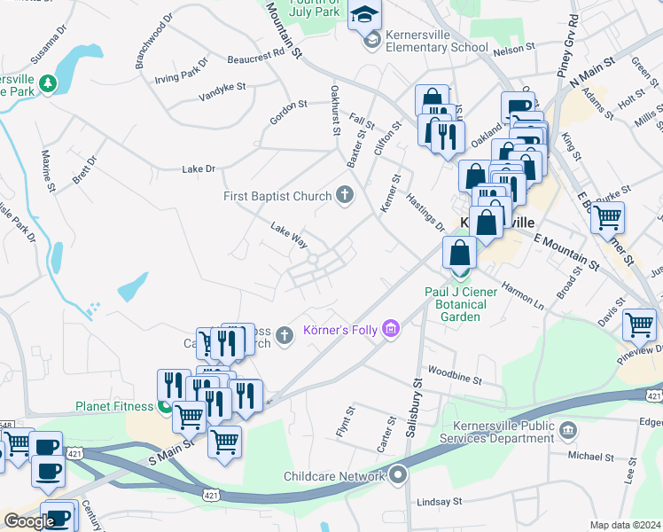 map of restaurants, bars, coffee shops, grocery stores, and more near 5306 McConnell Drive in Kernersville