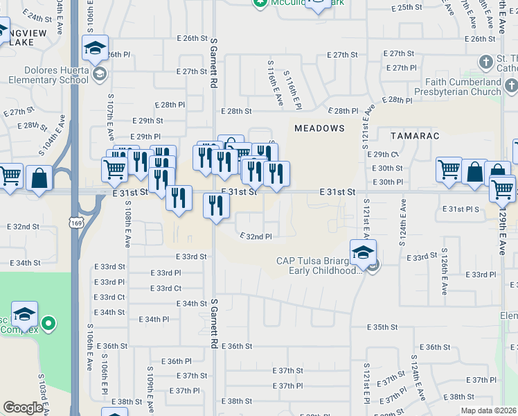 map of restaurants, bars, coffee shops, grocery stores, and more near 11360 East 31st Street in Tulsa
