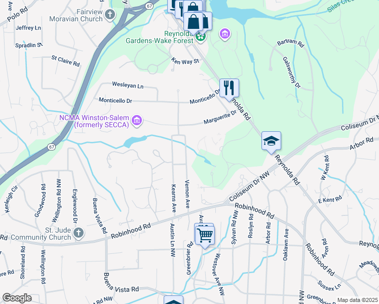 map of restaurants, bars, coffee shops, grocery stores, and more near 1034 Vernon Avenue in Winston-Salem
