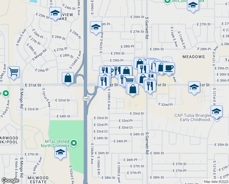 map of restaurants, bars, coffee shops, grocery stores, and more near 3147 South 108th East Avenue in Tulsa