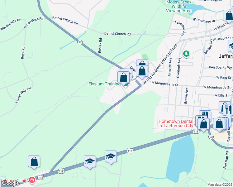 map of restaurants, bars, coffee shops, grocery stores, and more near 336 West Old Andrew Johnson Highway in Jefferson City
