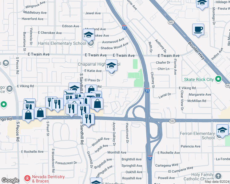 map of restaurants, bars, coffee shops, grocery stores, and more near 3933 Edgemoor Way in Las Vegas