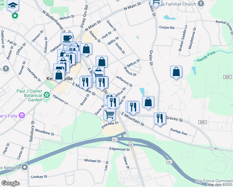 map of restaurants, bars, coffee shops, grocery stores, and more near 211 Justice Street in Kernersville