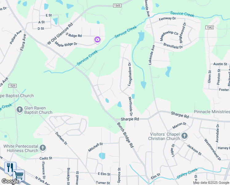 map of restaurants, bars, coffee shops, grocery stores, and more near 1849 Burch Run Drive in Burlington