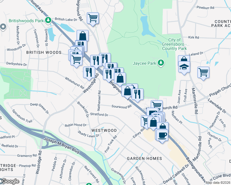 map of restaurants, bars, coffee shops, grocery stores, and more near in Greensboro