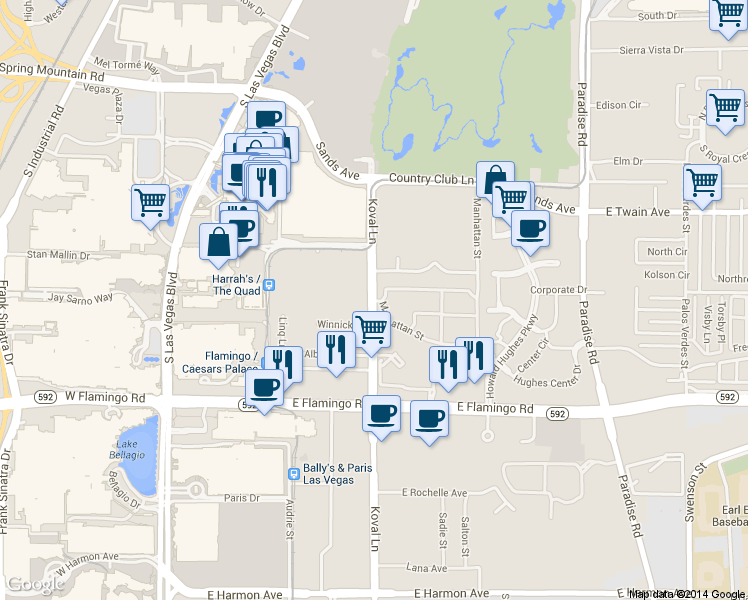 map of restaurants, bars, coffee shops, grocery stores, and more near 3950 Koval Lane in Las Vegas