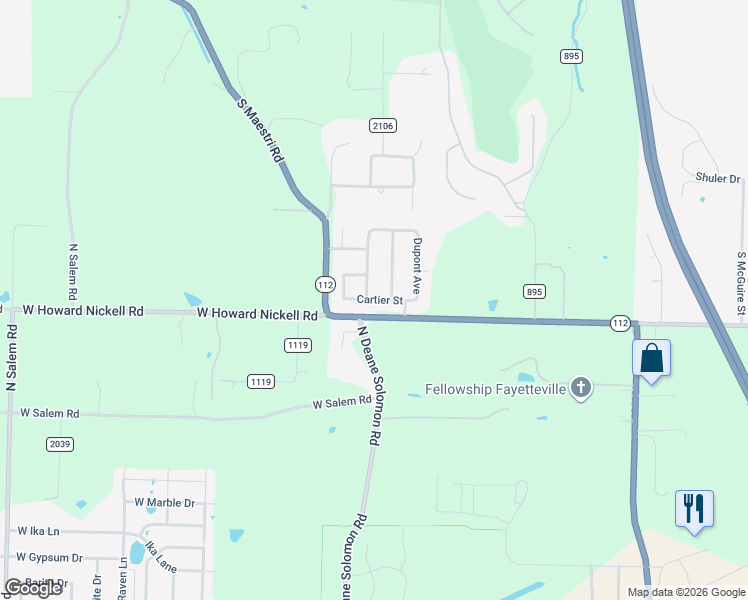 map of restaurants, bars, coffee shops, grocery stores, and more near Cartier Street in Fayetteville