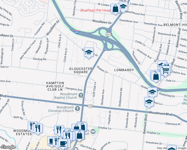 map of restaurants, bars, coffee shops, grocery stores, and more near 3206 Hillsboro Pike in Nashville