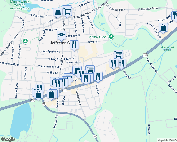 map of restaurants, bars, coffee shops, grocery stores, and more near 506 East Ellis Street in Jefferson City