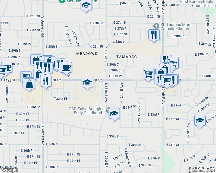 map of restaurants, bars, coffee shops, grocery stores, and more near 3123 South 121st East Avenue in Tulsa