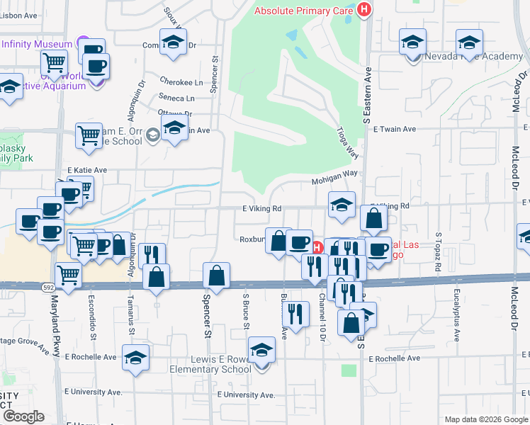map of restaurants, bars, coffee shops, grocery stores, and more near 2028 Mohigan Way in Las Vegas