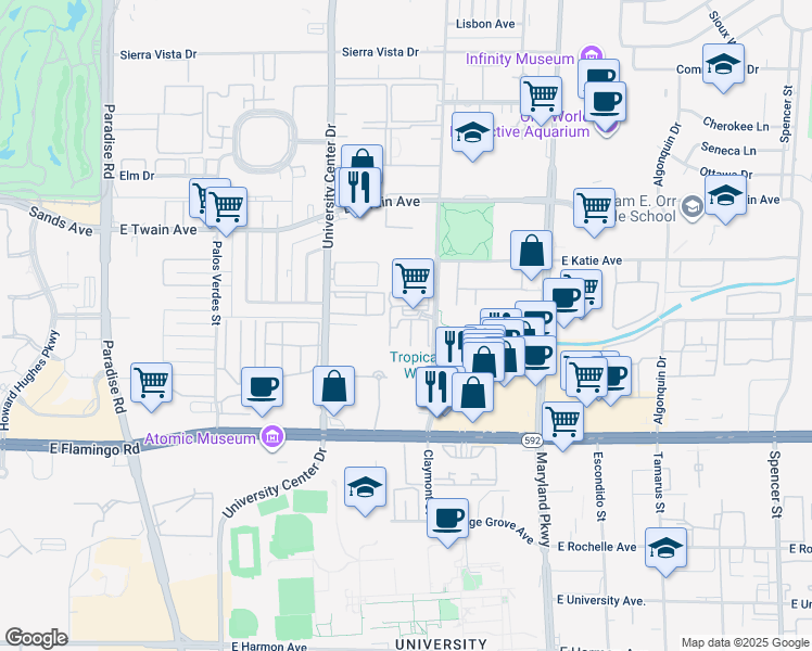 map of restaurants, bars, coffee shops, grocery stores, and more near 3907 Cambridge Street in Las Vegas