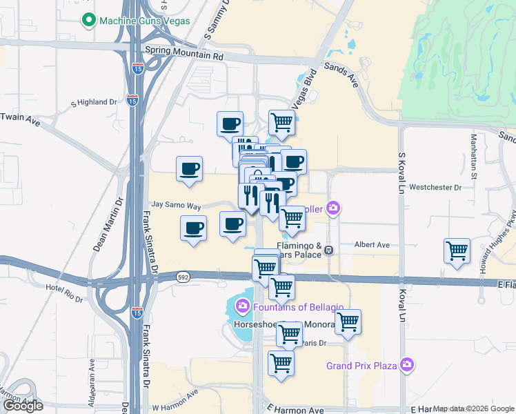 map of restaurants, bars, coffee shops, grocery stores, and more near 2136 Las Vegas Boulevard South in Las Vegas