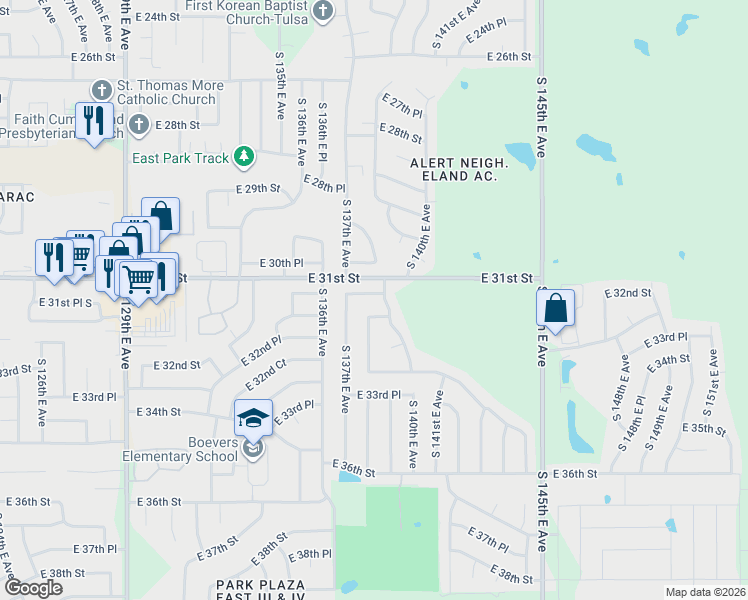 map of restaurants, bars, coffee shops, grocery stores, and more near 13723 East 31st Place South in Tulsa