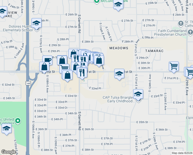 map of restaurants, bars, coffee shops, grocery stores, and more near 11360 East 31st Street in Tulsa