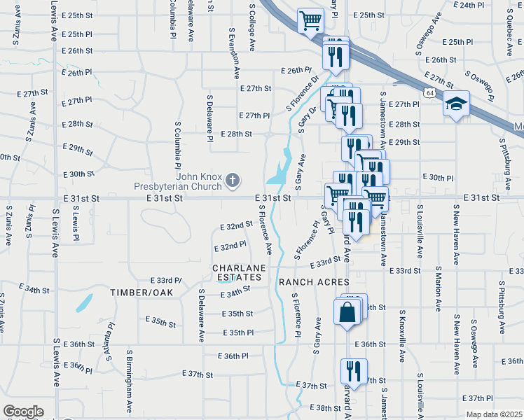 map of restaurants, bars, coffee shops, grocery stores, and more near 2932 East 31st Street in Tulsa