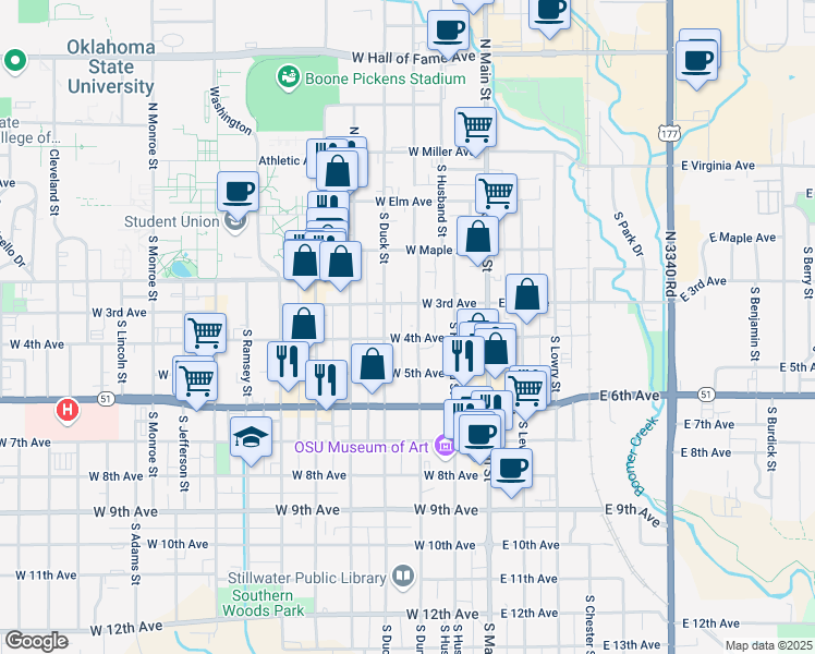 map of restaurants, bars, coffee shops, grocery stores, and more near in Stillwater