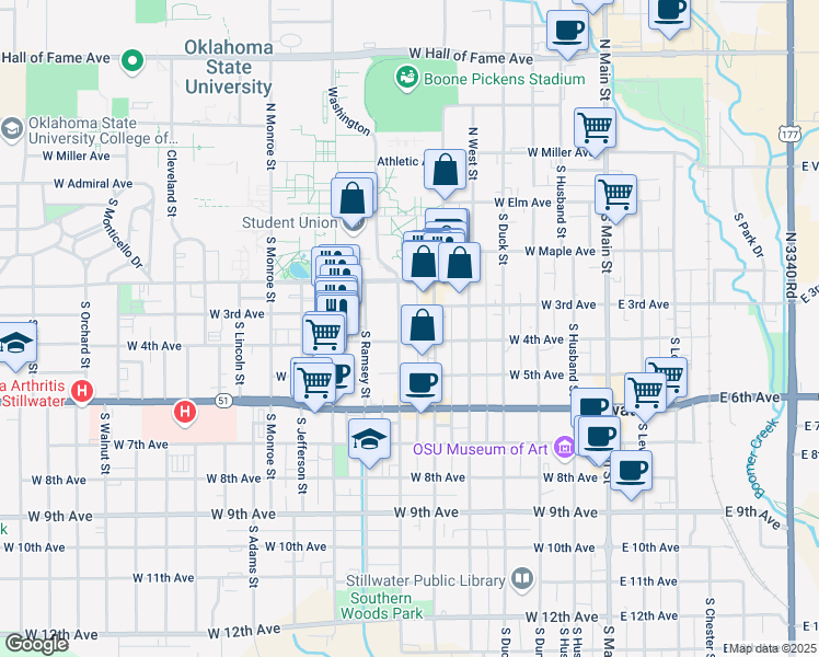 map of restaurants, bars, coffee shops, grocery stores, and more near 311 South Hester Street in Stillwater
