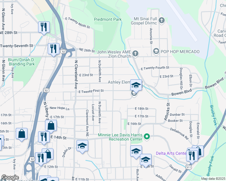 map of restaurants, bars, coffee shops, grocery stores, and more near 1647 Northeast 21st Street in Winston-Salem