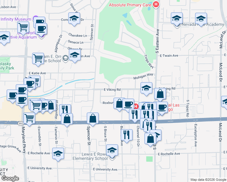 map of restaurants, bars, coffee shops, grocery stores, and more near 2028 Mohigan Way in Las Vegas