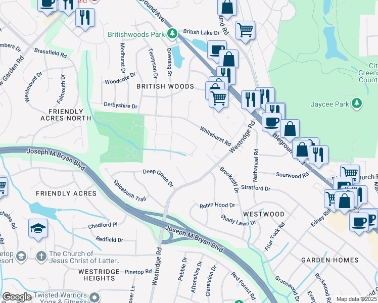map of restaurants, bars, coffee shops, grocery stores, and more near 3404 Londonderry Drive in Greensboro