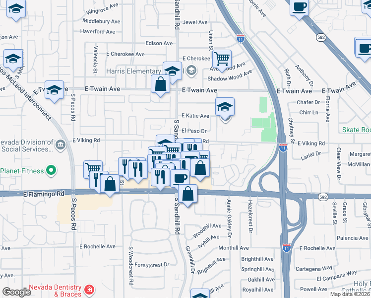 map of restaurants, bars, coffee shops, grocery stores, and more near 3950 South Sandhill Road in Las Vegas