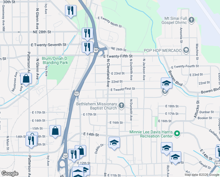 map of restaurants, bars, coffee shops, grocery stores, and more near 1135 21st Street Northeast in Winston-Salem