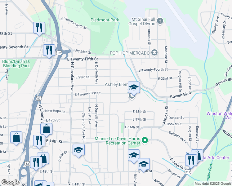 map of restaurants, bars, coffee shops, grocery stores, and more near 1647 Northeast 21st Street in Winston-Salem